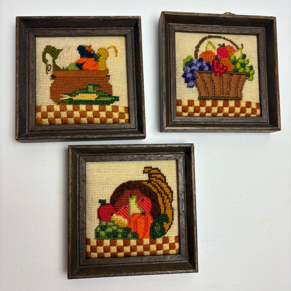 Vintage Set Framed Needlepoint Art Harvest Wood Frame 1970s Thanksgiving Crewel